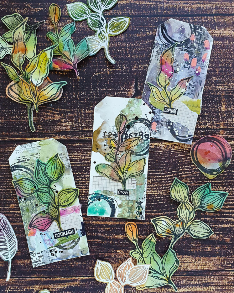 Mixed Media Tags with Sketchy Leaves and Mixed Media Marks 1 Rubber