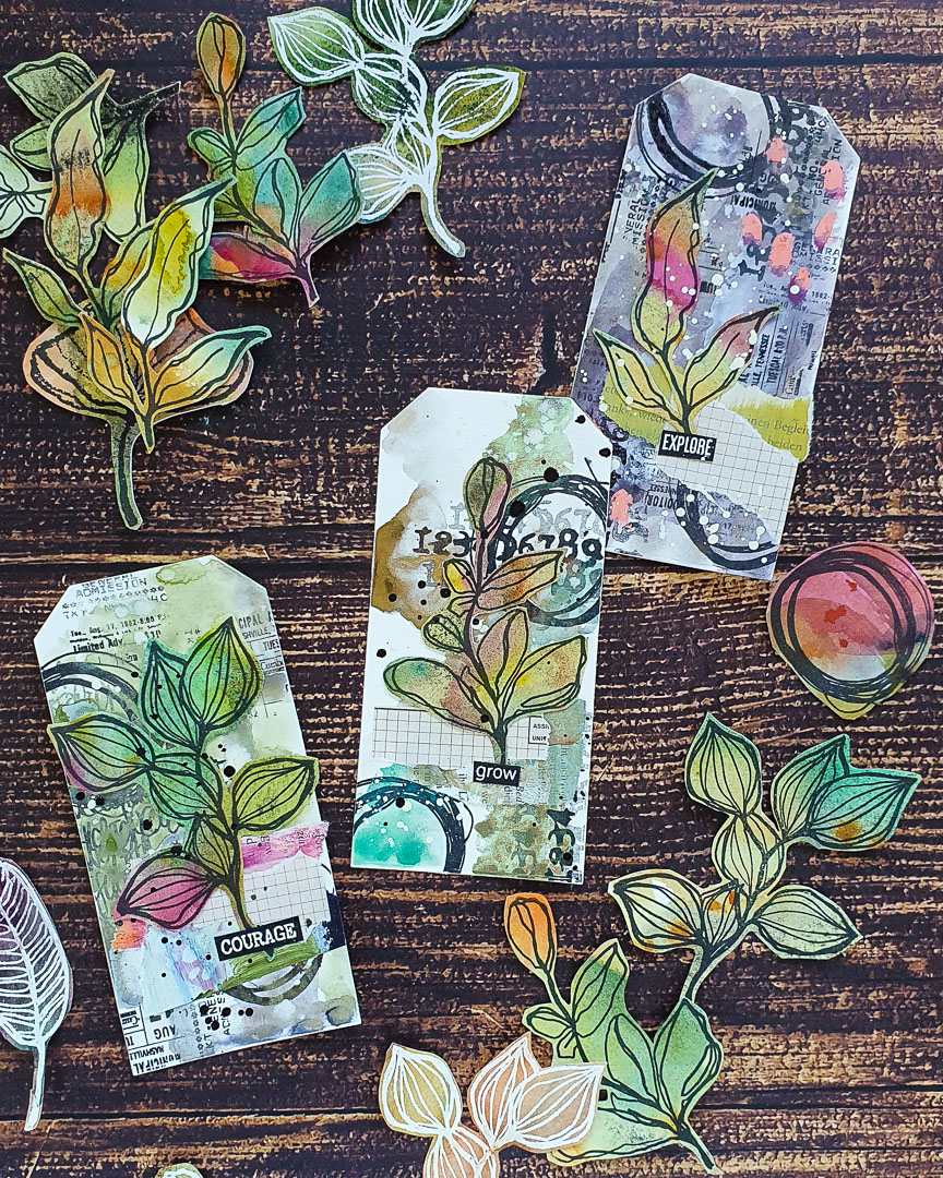 Mixed Media Tags with Sketchy Leaves and Mixed Media Marks 1 Rubber