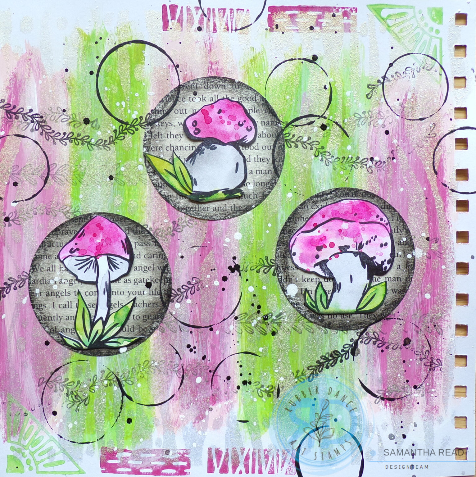 A Troop of Inky Mushrooms – Art Journal Page – Rubber Dance Art Stamps Blog