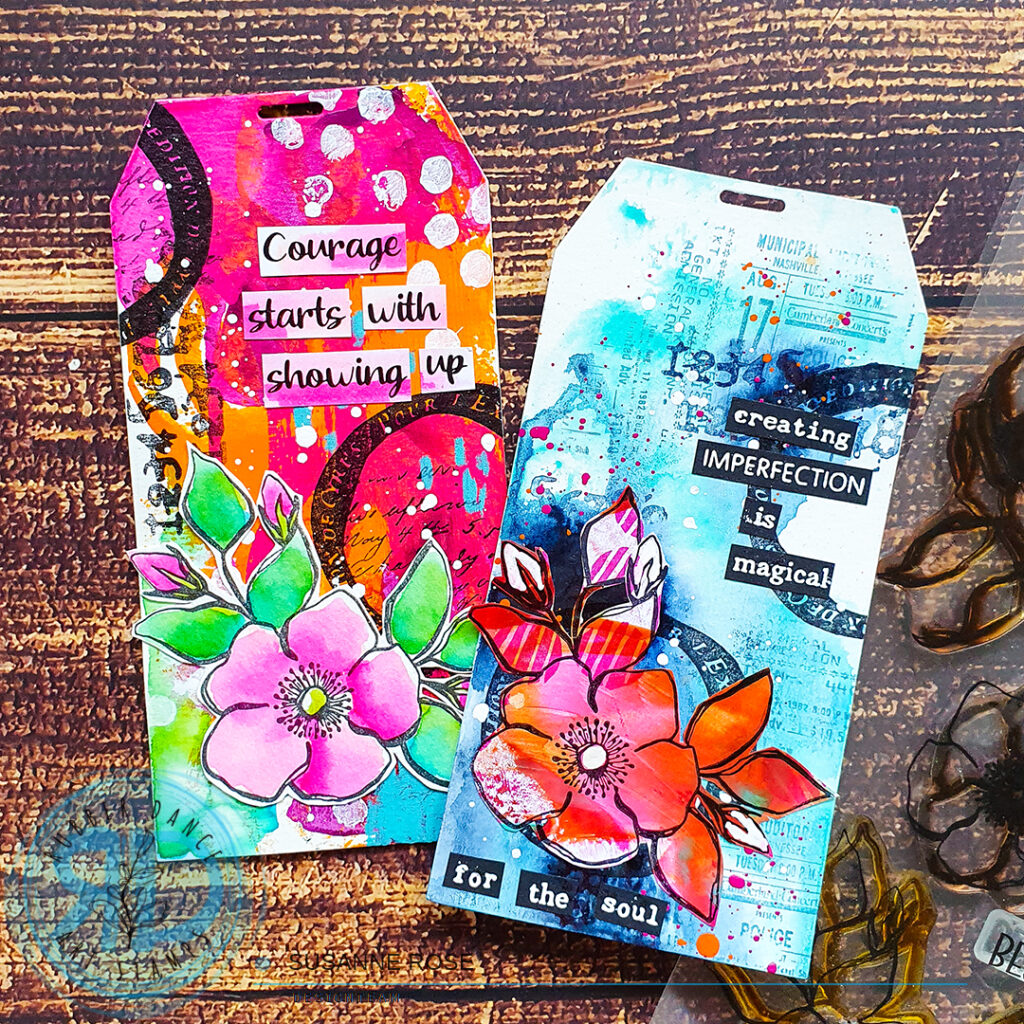 Mixed Media Tags with Inky Flowers – Rubber Dance Art Stamps Blog