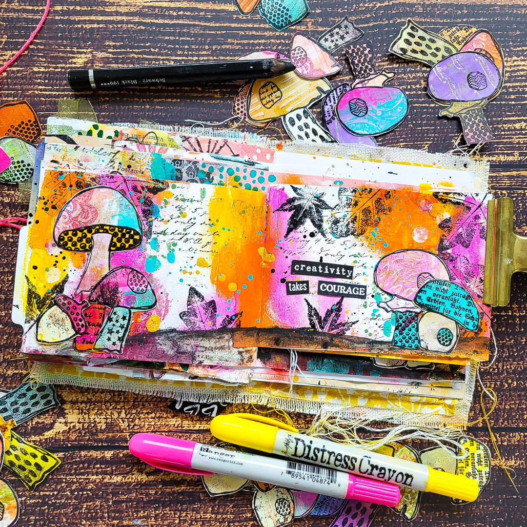 Art Journal Collage with Textured Mushrooms – Rubber Dance Art Stamps Blog