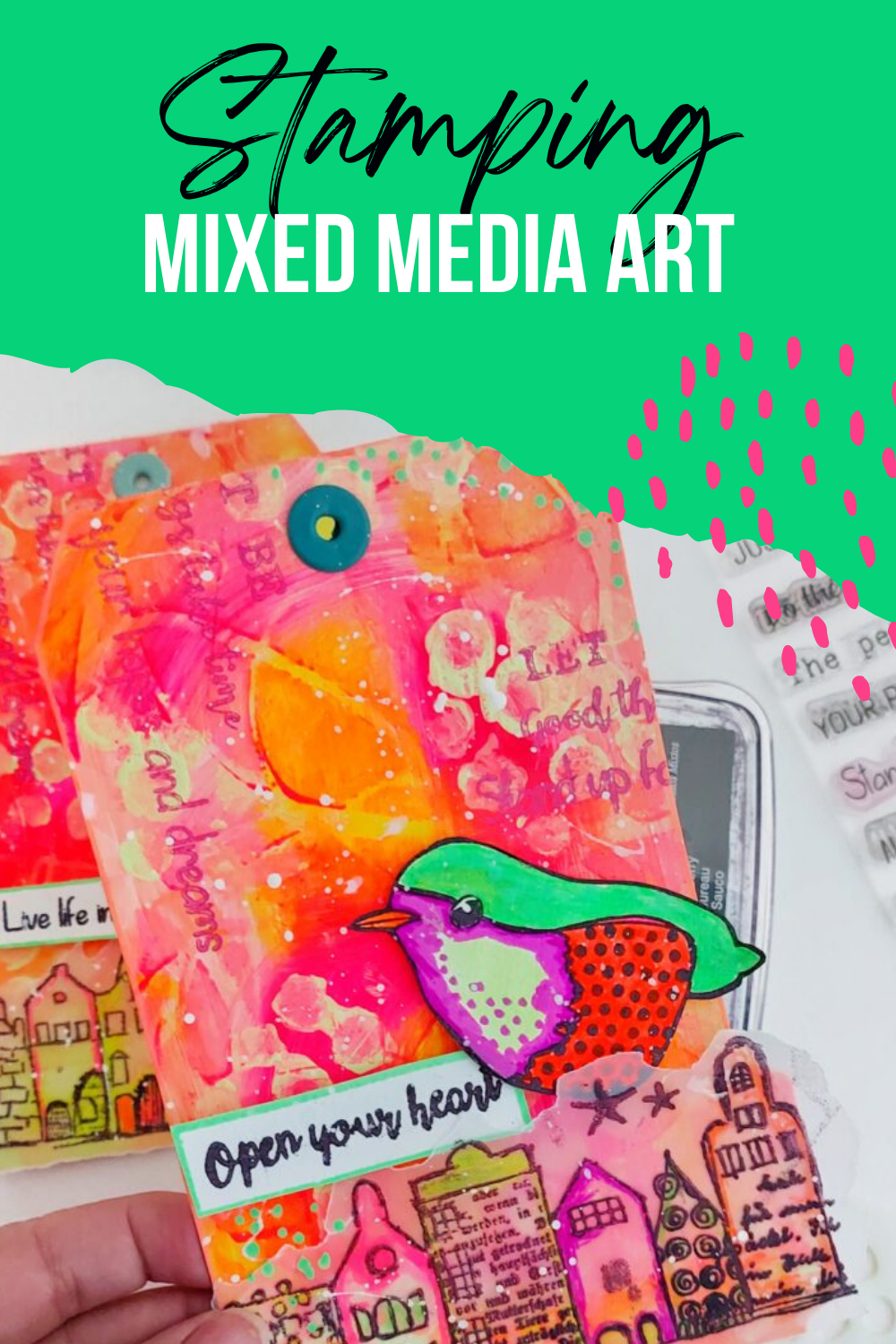 TAG Twins – Mixed Media Tags with Stencil Background – Rubber Dance Art ...