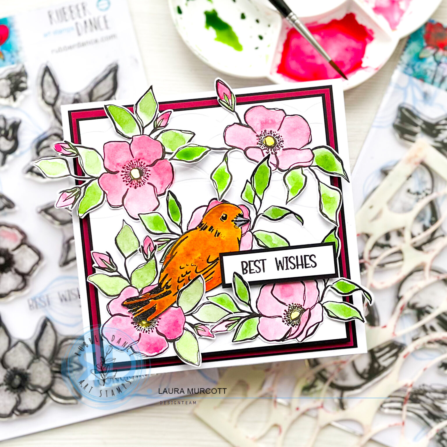 Greeting Card using Inky Flowers and Sketchy Birds – Rubber Dance Art ...