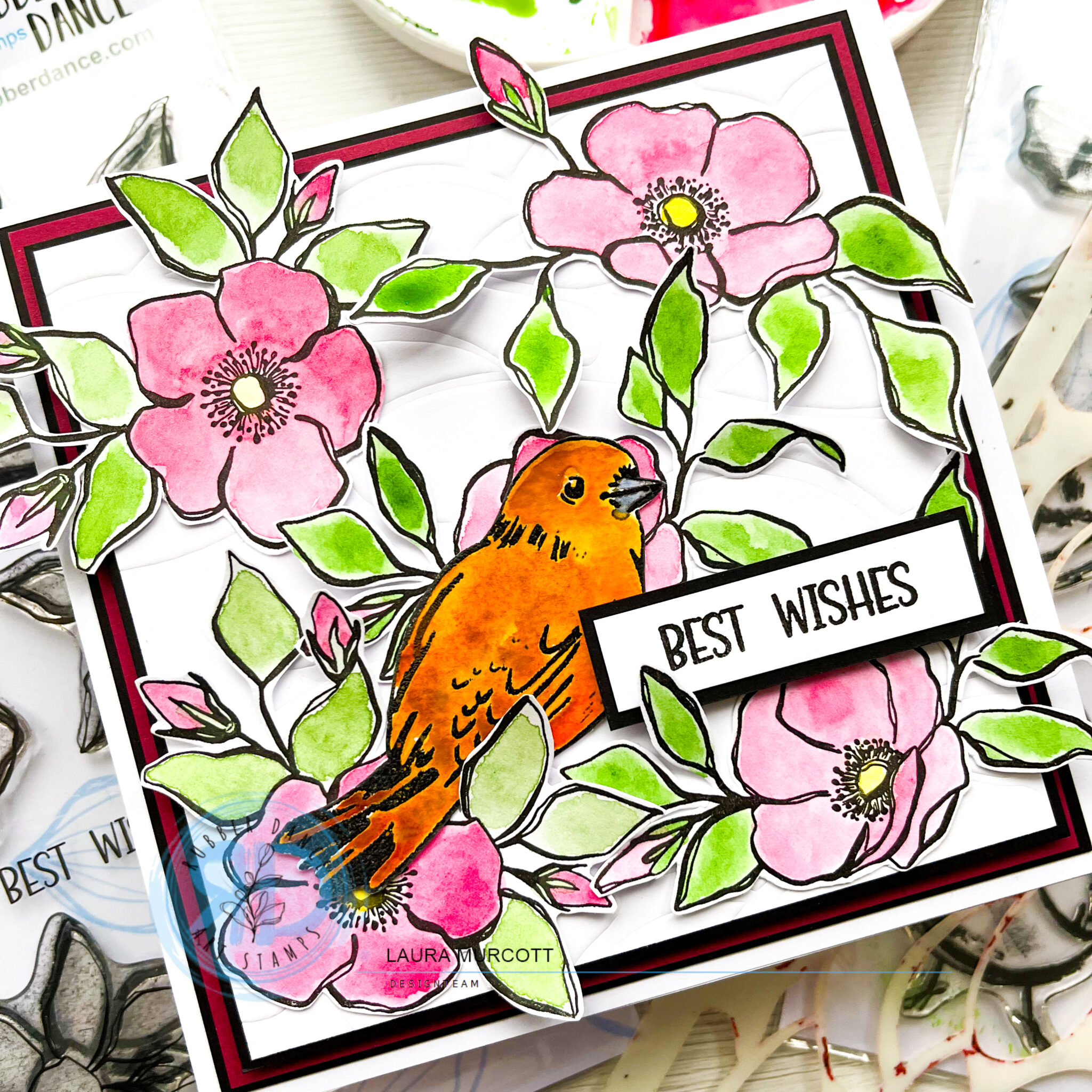 Greeting Card using Inky Flowers and Sketchy Birds – Rubber Dance Art ...