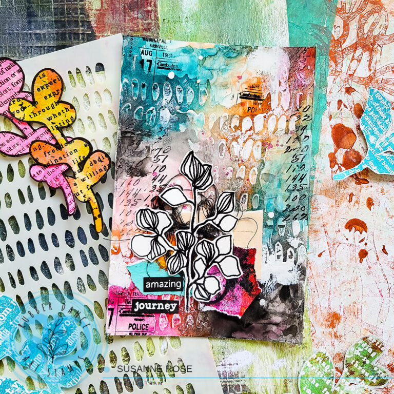Mixed Media Index Card with Stencil Texture and Sketchy Leaves – Rubber ...