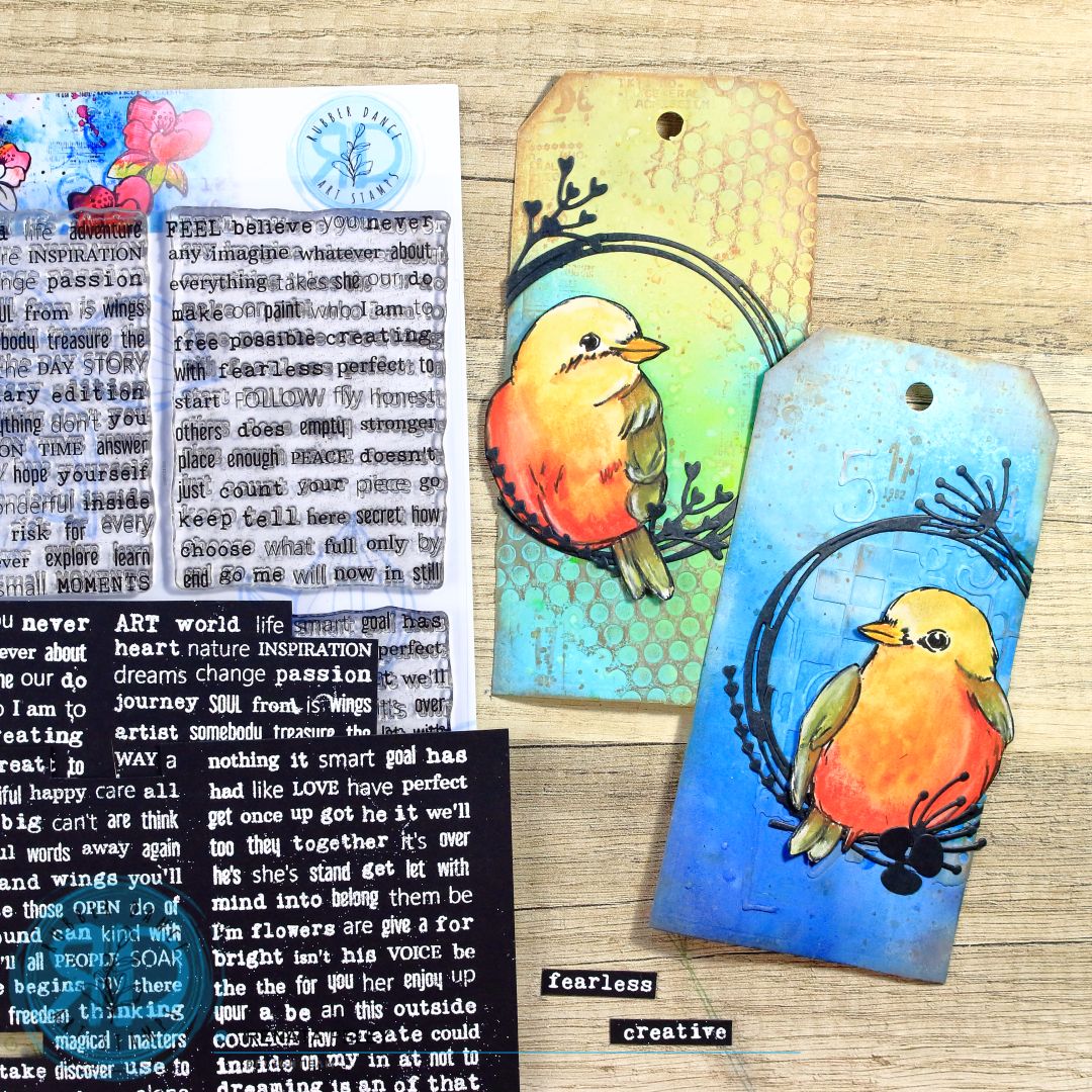Mixed Media Tags with Sketchy Birds and Distress Oxide Sprays – Rubber ...