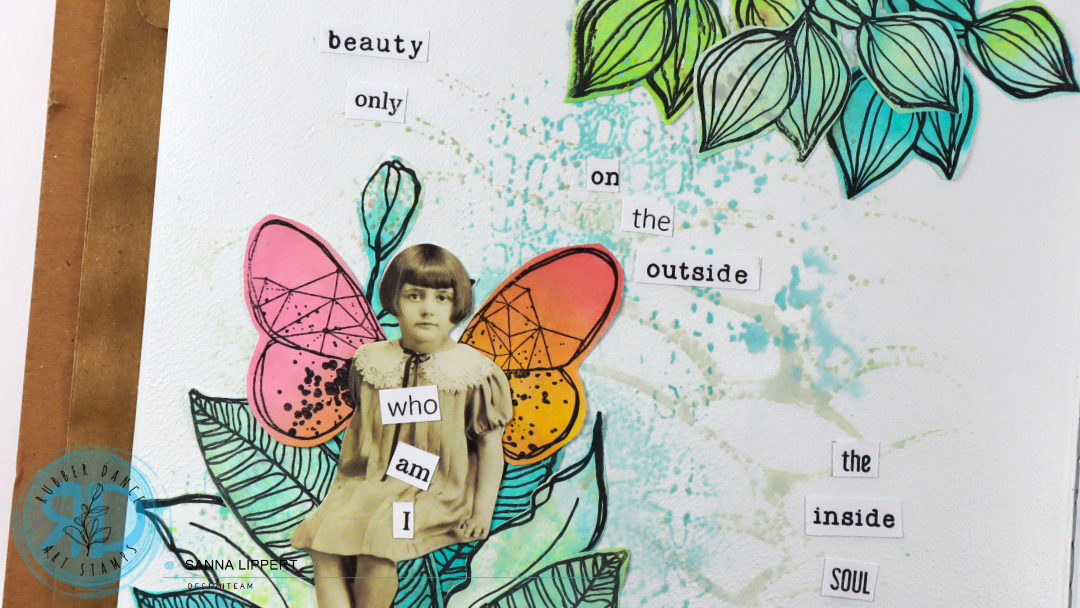 Art journal page with Collage Fodder and Distress Ink stenciling