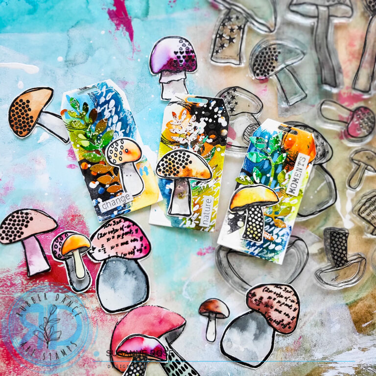 Mixed Media Mini Tags with Textured Mushrooms – Rubber Dance Art Stamps ...