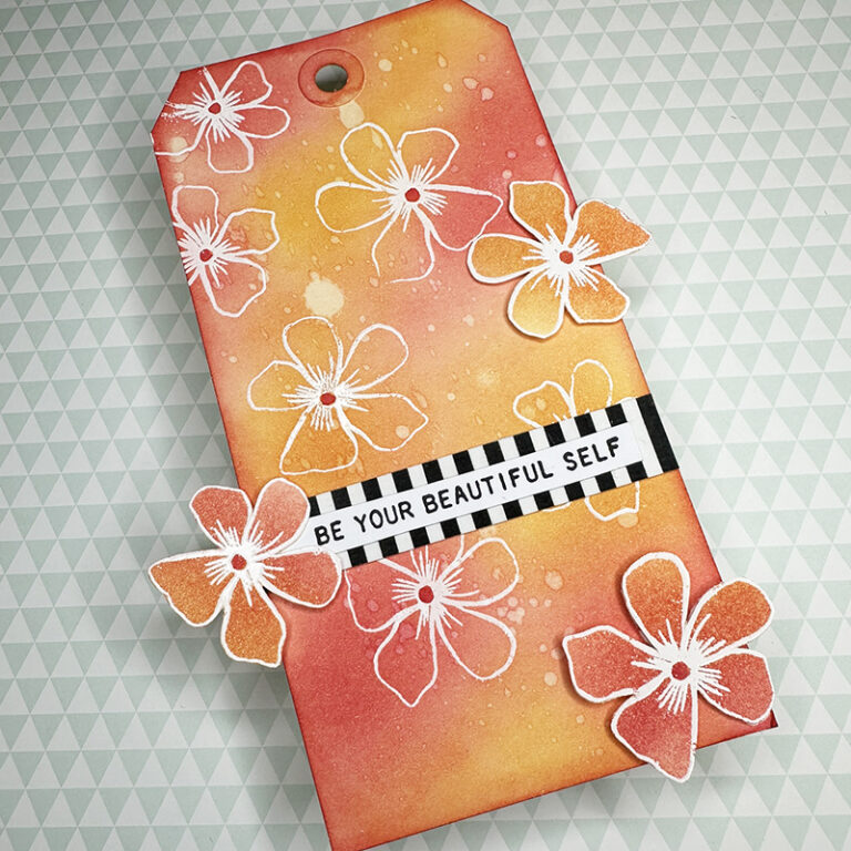 Stamped Tag with Loose Florals & Distress Ink Background – Rubber Dance ...